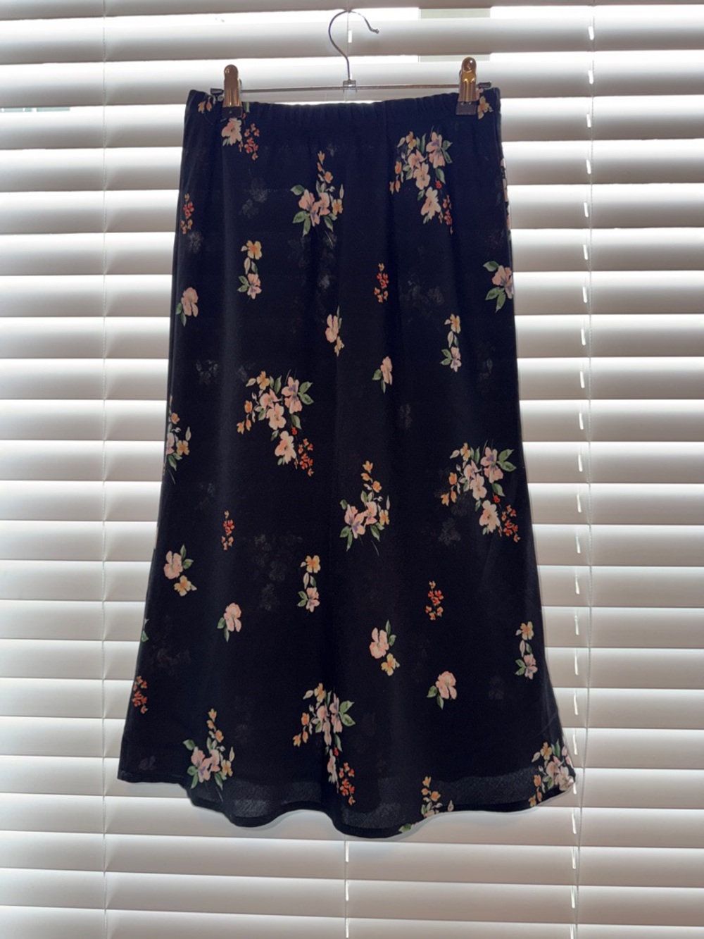 Sky and Sparrow Black Floral Midi Skirt with Pink and Green Accents